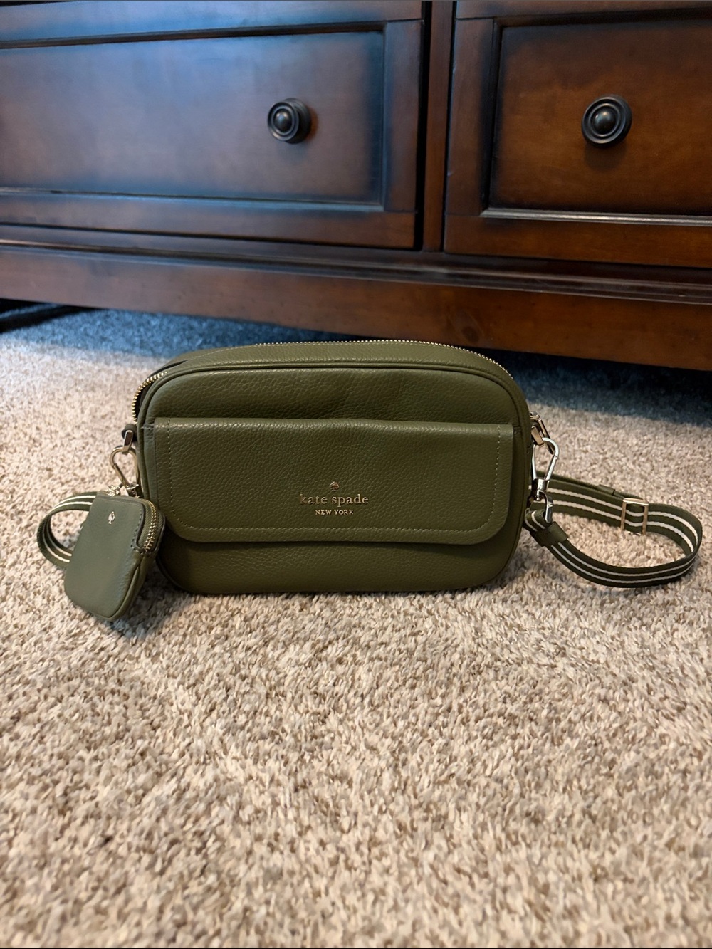 kate spade olive green pebbled leather camera bag with striped strap